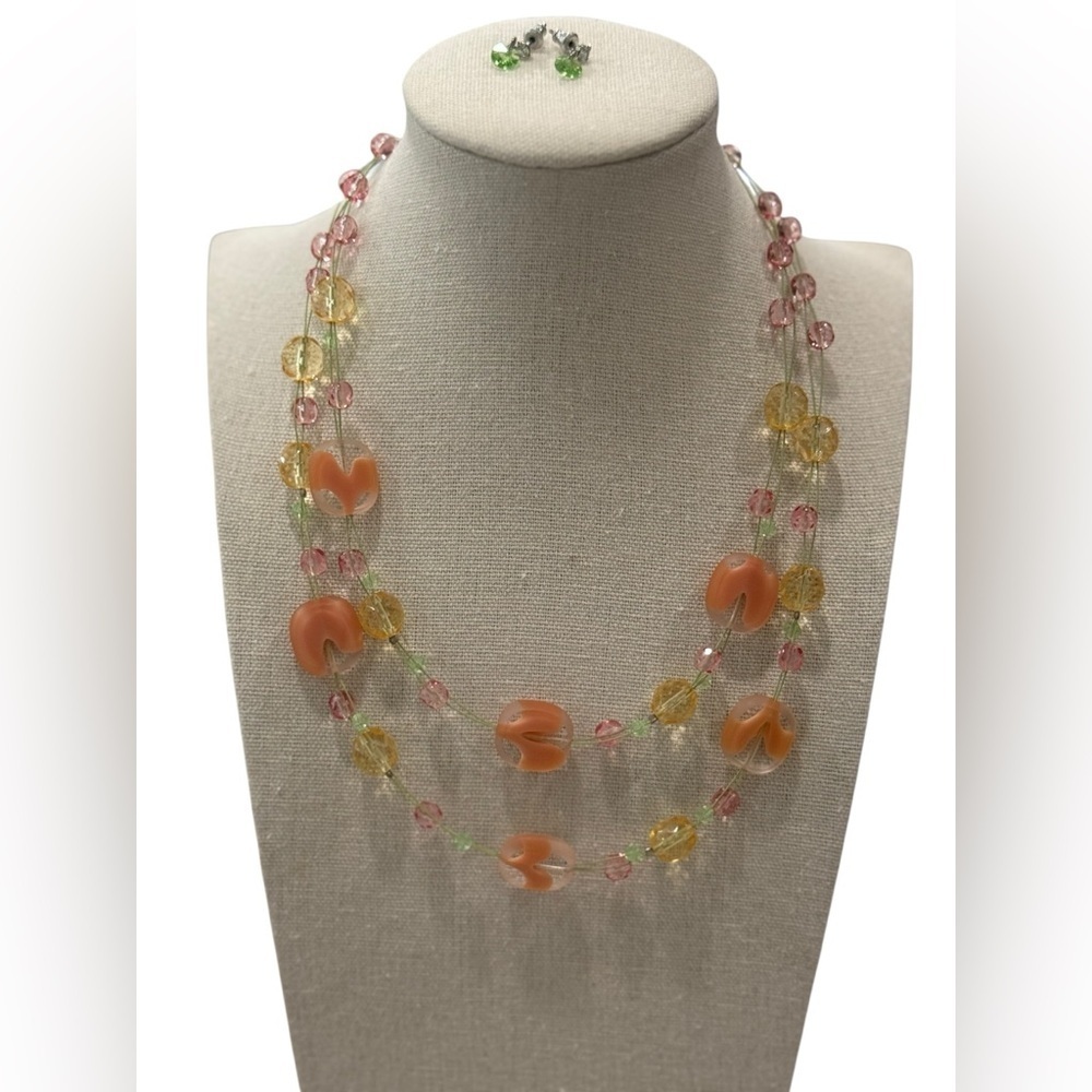 Glass Bead Necklace & Green Crystal Drop Earrings Set -Double Stranded-19” Long